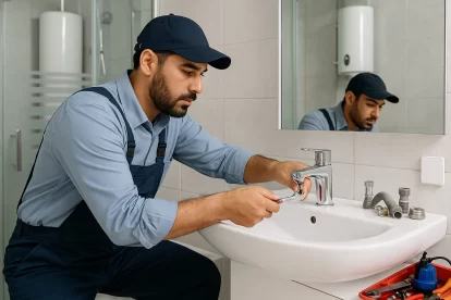 فني صحي سلوى يقوم بإصلاح حنفية داخل حمام حديث في الكويت باستخدام أدوات سباكة احترافية، يوضح جودة الخدمة والدقة في العمل.