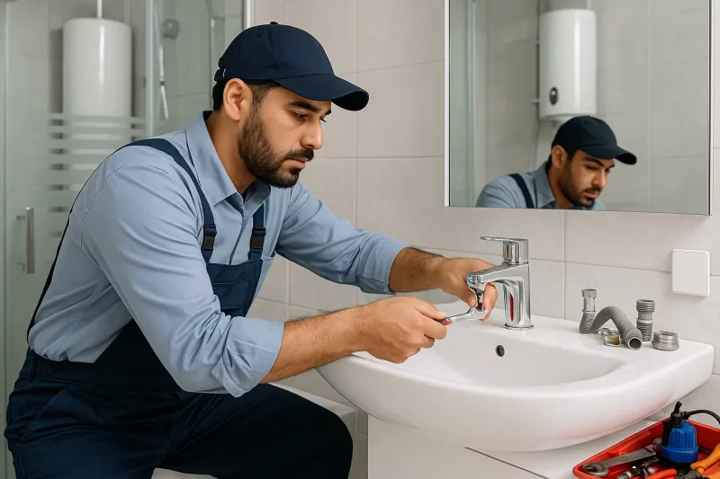 فني صحي سلوى يقوم بإصلاح حنفية داخل حمام حديث في الكويت باستخدام أدوات سباكة احترافية، يوضح جودة الخدمة والدقة في العمل.