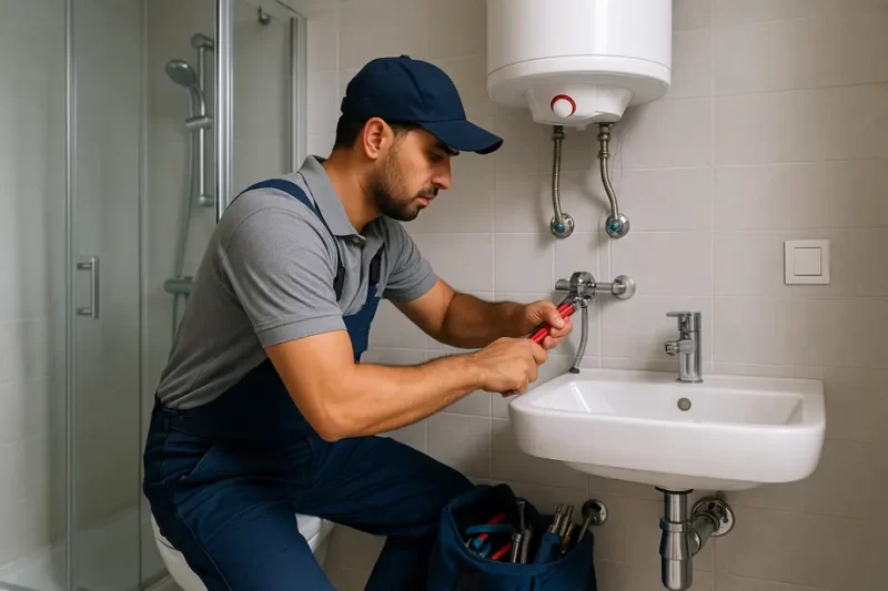 فني صحي الزهراء بالكويت يقوم بإصلاح سخان مياه داخل حمام حديث باستخدام أدوات سباكة احترافية