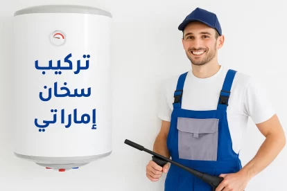 فني تركيب سخان إماراتي بالكويت يقوم بتركيب سخان مياه أبيض على الجدار داخل حمام حديث