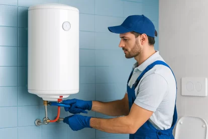 فني تركيب سخان حساوي بالكويت يقوم بتثبيت سخان مياه على الجدار داخل حمام حديث