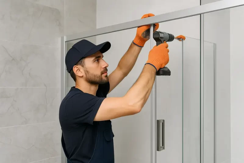 فني كويتي محترف يقوم بتركيب شاور بوكس زجاجي أنيق في حمام حديث بالكويت ضمن خدمات تركيب شاور بوكس الكويت