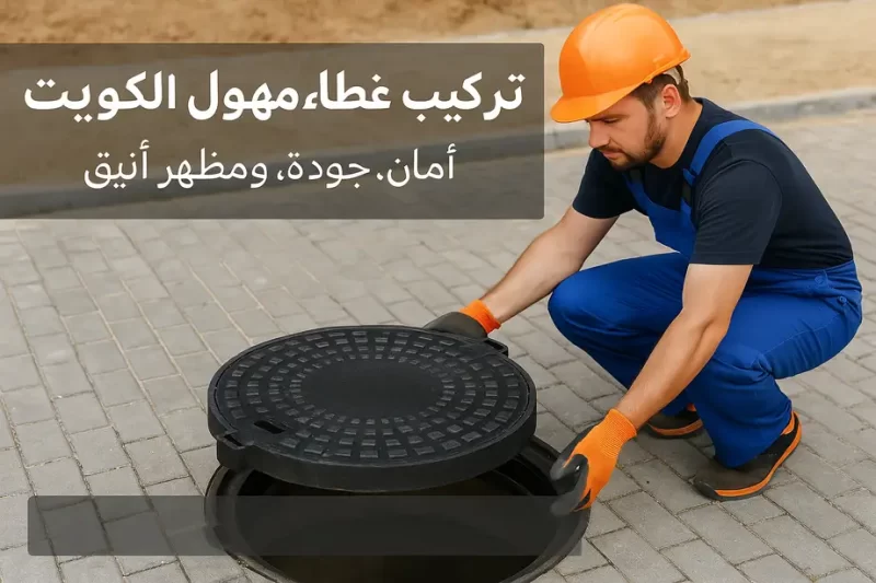 فني كويتي محترف يقوم بتركيب غطاء منهول جديد في فناء منزل بالكويت ضمن خدمات تركيب غطاء منهول الكويت