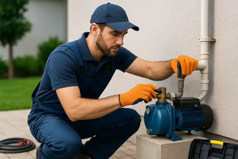 فني كويتي محترف يقوم بتصليح مضخة مياه منزلية في الكويت باستخدام أدوات حديثة