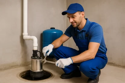 صورة توضح فني سباكة أثناء تصليح مضخة جورة السرداب بالكويت باستخدام أدوات الصيانة داخل سرداب خرساني نظيف ومنظم. يظهر الفني مرتديًا زي العمل الأزرق وهو يفحص المضخة الغاطسة المتصلة بأنبوب تصريف، في بيئة عمل واقعية تعكس الدقة والاحتراف في صيانة أنظمة تصريف المياه.