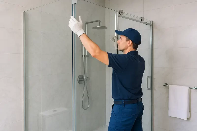 فني كويتي يقوم بتفصيل وتركيب شاور زجاجي فاخر في حمام حديث بالكويت ضمن خدمات تفصيل شاور زجاج الكويت
