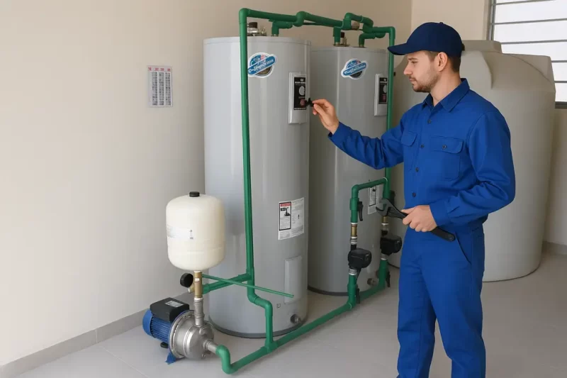 تصليح سخانات مركزية الكويت مع فنيين محترفين وأنابيب خضراء وخزان ضغط