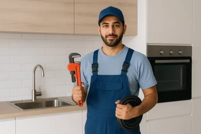فني صحي في الأندلس بالكويت يرتدي زي عمل أزرق ويقف داخل مطبخ حديث حاملًا أدوات سباكة احترافية – خدمة صيانة وتركيب صحية عالية الجودة.