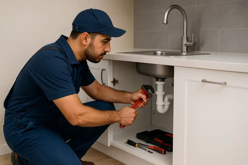 فني صحي الخالدية بالكويت يقوم بإصلاح أنابيب المياه في المطبخ باحترافية عالية