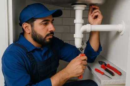 فني صحي الروضة بالكويت يقوم بإصلاح أنابيب المياه في مطبخ حديث