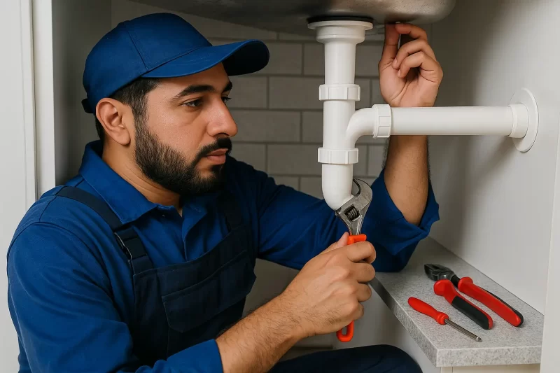 فني صحي الروضة بالكويت يقوم بإصلاح أنابيب المياه في مطبخ حديث
