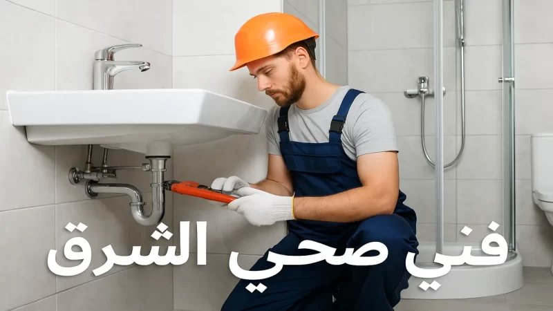فني صحي الشرق بالكويت يقوم بفحص مواسير المياه داخل حمام حديث باستخدام أدوات سباكة احترافية.