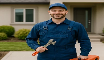 فني صحي محترف بالكويت يقدم خدمات تركيب وصيانة السباكة في منطقة الشهداء بخبرة عالية وأدوات حديثة أمام منزل عصري.