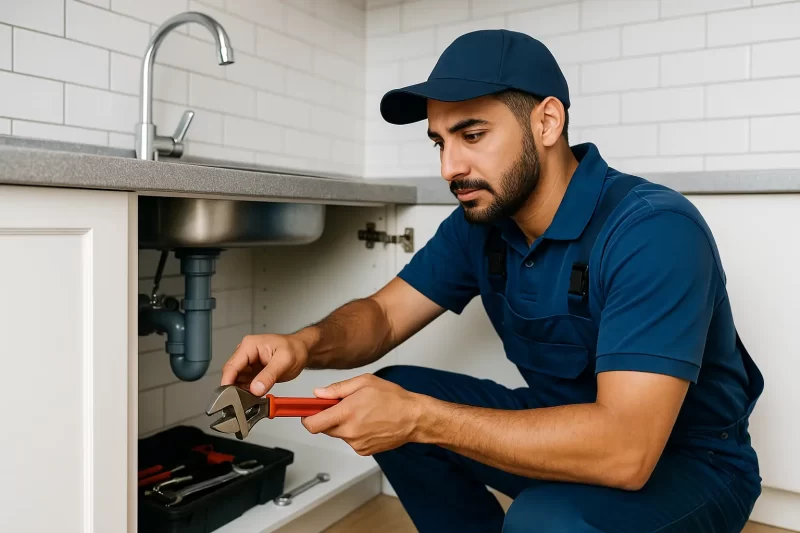 فني صحي الصليبخات بالكويت يقوم بإصلاح مغسلة في حمام حديث باستخدام أدوات احترافية.