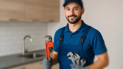 فني صحي في العارضية بالكويت داخل مطبخ عصري، يرتدي زي عمل أزرق ويحمل أدوات السباكة مع خلفية ضبابية – خدمة صيانة وتركيب أنظمة المياه والصرف