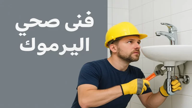 فني صحي في اليرموك بالكويت يعمل داخل حمام أنيق وهو يستخدم مفتاح أنابيب لإصلاح الحوض باحترافية.