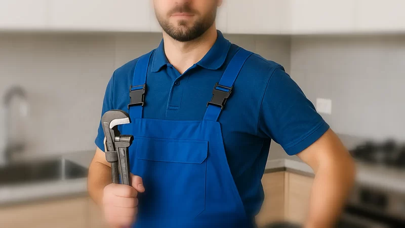 فني صحي جليب الشيوخ بالكويت يرتدي زي عمل أزرق داخل مطبخ حديث مع تركيز بصري عليه وخلفية ضبابية – خدمة سباكة وصيانة احترافية