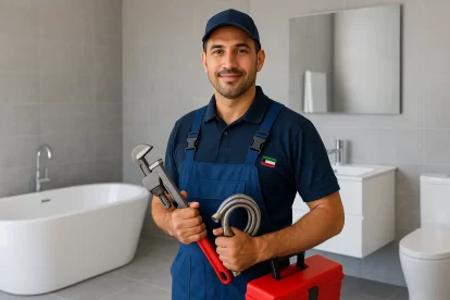 فني صحي في صباح الناصر بالكويت داخل مطبخ حديث يرتدي زي عمل أزرق ويحمل أدوات سباكة، مع تركيز بصري على الفني وخلفية ضبابية – خدمة سباكة وصيانة منزلية