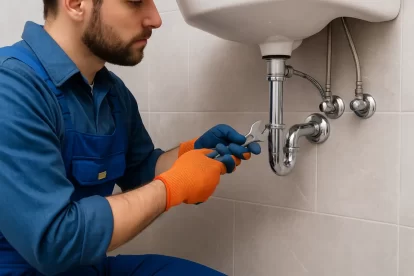 فني صحي يقدم خدمات السباكة والصيانة في غرب مشرف بالكويت، يرتدي زي عمل أزرق ويحمل أدوات سباكة أمام منزل حديث.