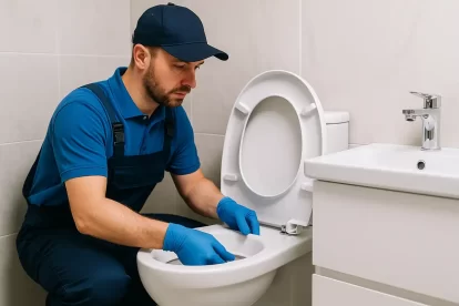 فني صحي بالكويت يقوم بعملية تركيب غطاء قاعدة حمام جديد باحتراف باستخدام أدوات دقيقة داخل حمام حديث ونظيف