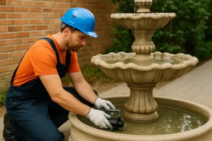 فني تصليح نوافير بالكويت محترف يقوم بإصلاح مضخة نافورة حجرية في حديقة فيلا باستخدام أدوات احترافية تحت ضوء النهار