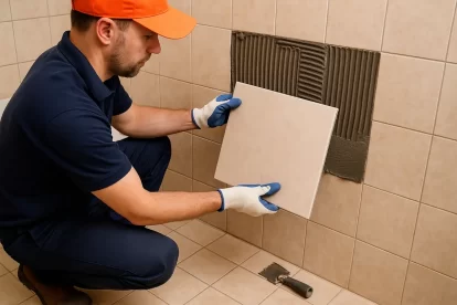 فني صحي بالكويت يقوم بعملية تغيير سيراميك الحمام بدون تكسير داخل حمام حديث باستخدام مادة لاصقة قوية وأدوات احترافية
