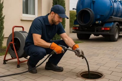 فني تسليك مجاري صباح السالم بالكويت يعمل على تنظيف أنابيب الصرف في فناء منزل باستخدام جهاز ضغط المياه الحديث وشاحنة تنكر مجاري مجهزة