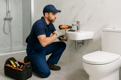 فني تجديد حمامات بالكويت يرتدي زي عمل أزرق يقوم بتركيب خلاط ومغسلة ضمن أعمال تجديد حمام حديث بأرضيات رخامية وجدران بيضاء