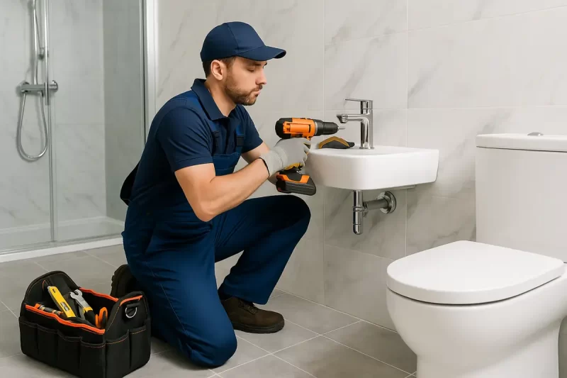 فني تجديد حمامات بالكويت يرتدي زي عمل أزرق يقوم بتركيب خلاط ومغسلة ضمن أعمال تجديد حمام حديث بأرضيات رخامية وجدران بيضاء