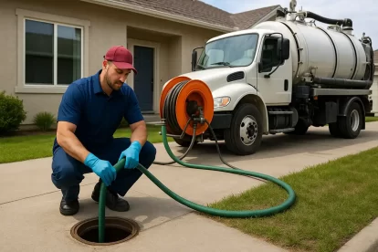 فني تسليك مجاري الجهراء يعمل على تنظيف أنابيب الصرف باستخدام جهاز ضغط المياه وتنكر مجاري مجهز أمام منزل كويتي