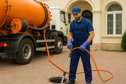 فني تسليك مجاري العدان بالكويت يعمل على تنظيف أنابيب الصرف باستخدام جهاز ضغط المياه أمام منزل كويتي، وبجواره شاحنة تنكر مجاري حديثة