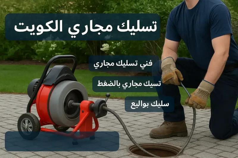 فني تسليك مجاري بالكويت يقوم بتسليك مجاري الحمام والمطبخ باستخدام جهاز ضغط المياه الحديث أمام منزل كويتي