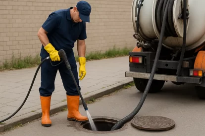 عامل تسليك مجاري حولي يعمل على تنظيف شبكة الصرف الصحي باستخدام جهاز ضغط مياه أمام منزل كويتي حديث