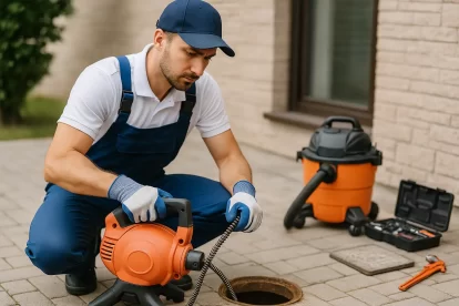 فني تسليك مجاري مبارك الكبير بالكويت يعمل على تنظيف أنابيب الصرف باستخدام جهاز ضغط المياه وشاحنة تنكر مجاري مجهزة أمام منزل كويتي