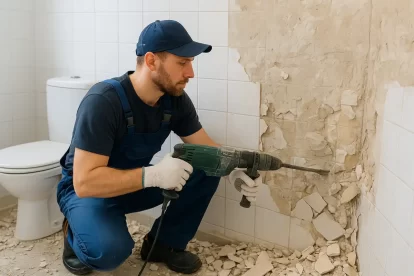 فني صحي بالكويت يقوم بتكسير سيراميك الحمام القديم باستخدام معدات يدوية وكهربائية أثناء أعمال التجديد