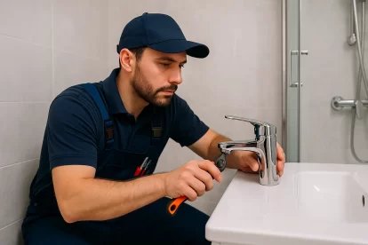 فني صحي في الصباحية بالكويت يقوم بإصلاح خلاط مياه داخل حمام باستخدام أدوات سباكة احترافية