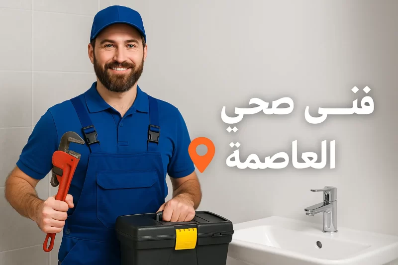 فني صحي العاصمة يحمل أدوات السباكة ويقف داخل حمام حديث لتقديم خدمة سباكة احترافية في العاصمة.