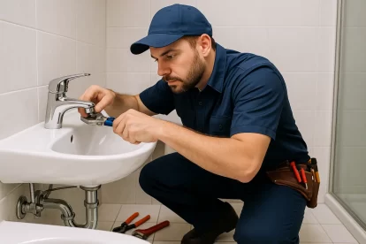 فني صحي في منطقة المنقف بالكويت يقوم بإصلاح خلاط مياه داخل حمام باستخدام أدوات سباكة احترافية