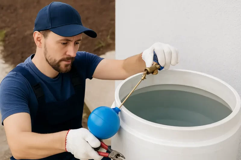 فني سباكة محترف في الكويت يرتدي زي عمل أزرق يقوم بتركيب عوامة داخل خزان ماء بلاستيكي لضبط مستوى المياه