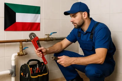 فني صحي في جابر العلي بالكويت يقوم بصيانة أدوات صحية داخل حمام مودرن باستخدام معدات سباكة حديثة