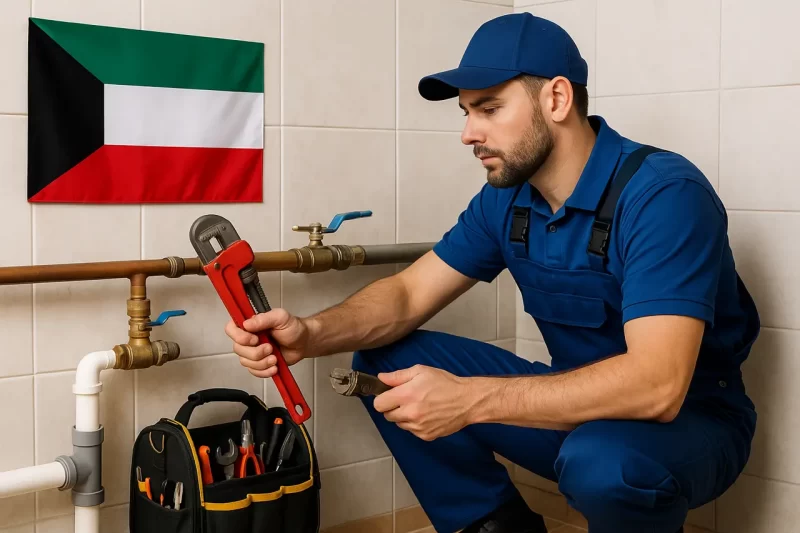 فني صحي في جابر العلي بالكويت يقوم بصيانة أدوات صحية داخل حمام مودرن باستخدام معدات سباكة حديثة
