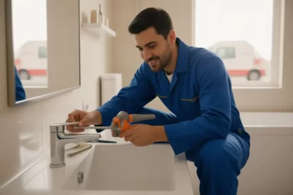 فني صحي حولي محترف يقوم بتركيب صنبور حوض غسل باستخدام أدوات صحية عالية الجودة — خدمة سباك حولي موثوقة