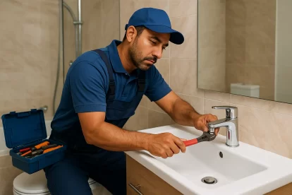 فني صحي في فهد الاحمد بالكويت يصلح حنفية داخل حمام باستخدام أدوات سباكة احترافية