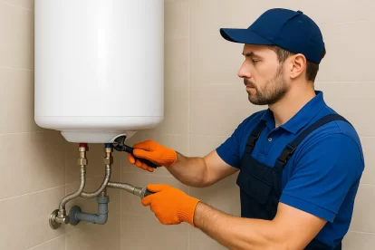 فني صحي بالكويت يرتدي زي عمل أزرق يقوم بتركيب سخان خزف سعودي وتوصيل المواسير وضبط المفاتيح باستخدام أدوات احترافية